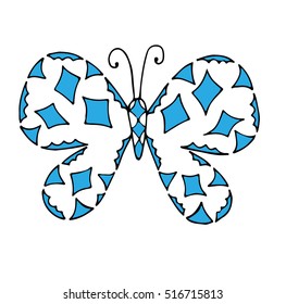 Abstract isolated blue butterfly for tattoo, coloring book for adult and kids on the white background.