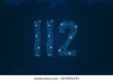 Abstract isolated blue image of 112 emergency icon. Polygonal low poly wireframe illustration looks like stars in the black night sky in space or flying glass shards. Digital web, internet design.