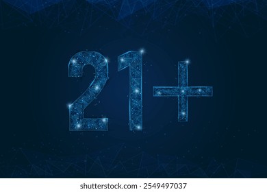 Abstract isolated blue image of 21 plus only censored. Polygonal low poly wireframe illustration looks like stars in the black night sky in space or flying glass shards.