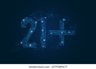 Abstract isolated blue image of 21 plus only censored. Polygonal low poly wireframe illustration looks like stars in the black night sky in space or flying glass shards.