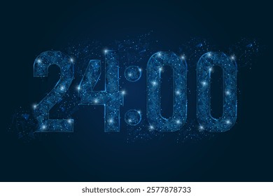 Abstract isolated blue image of 24 00 o clock , twelve am - pm. Polygonal low poly wireframe illustration looks like stars in the black night sky. Digital clock closeup display.