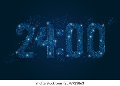 Abstract isolated blue image of 24 00 o clock , twelve am - pm. Polygonal low poly wireframe illustration looks like stars in the black night sky. Digital clock closeup display.