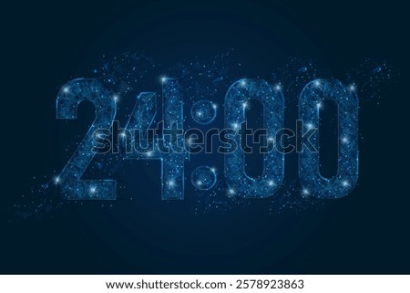 Abstract isolated blue image of 24 00 o clock , twelve am - pm. Polygonal low poly wireframe illustration looks like stars in the black night sky. Digital clock closeup display.