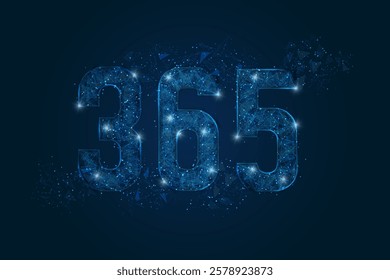 Abstract isolated blue image of 365 Logo. Polygonal low poly wireframe illustration looks like stars in the black night sky in space or flying glass shards.