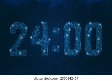 Imagen azul aislada Abstractas de C24 00 en punto, doce am - pm. La ilustración de marco de alambre de polietileno bajo poligonal se ve como estrellas en el cielo nocturno negro. Pantalla de primer plano de reloj digital.