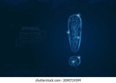 Resumen imagen azul aislada de un signo de exclamación. La ilustración poligonal se parece a las estrellas en el cielo nocturno del matraz en fragmentos de vidrio flotantes o de esfase. Diseño digital para sitios web, web, internet.