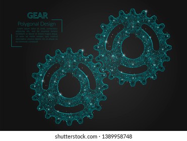 Abstract isolated blue image of a gear. Polygonal illustration looks like stars in the blask night sky in spase or flying glass shards. Digital design for website, web, internet.
