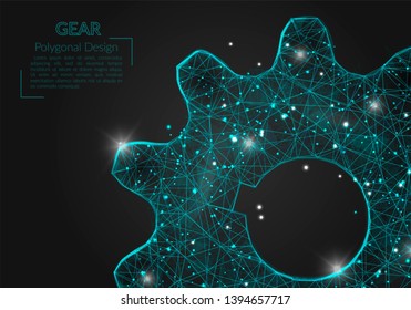 Abstract isolated blue image of a gear. Polygonal illustration looks like stars in the blask night sky in spase or flying glass shards. Digital design for website, web, internet.