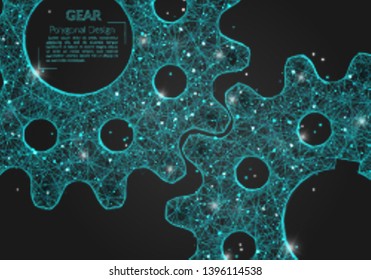 Abstract isolated blue image of a gear. Polygonal illustration looks like stars in the blask night sky in spase or flying glass shards. Digital design for website, web, internet.
