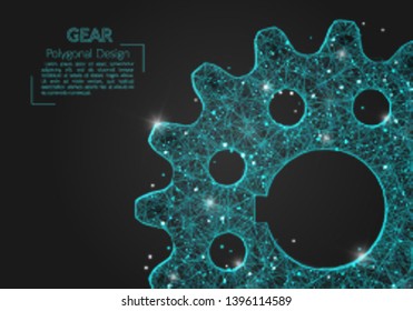 Abstract isolated blue image of a gear. Polygonal illustration looks like stars in the blask night sky in spase or flying glass shards. Digital design for website, web, internet.