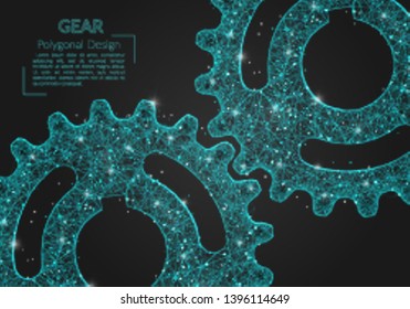 Abstract isolated blue image of a gear. Polygonal illustration looks like stars in the blask night sky in spase or flying glass shards. Digital design for website, web, internet.