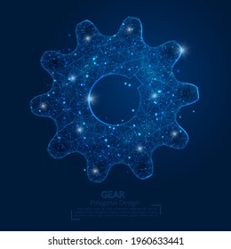 Abstract isolated blue image of a gear. Polygonal illustration looks like stars in the blask night sky in spase or flying glass shards. Digital design for website, web, internet.