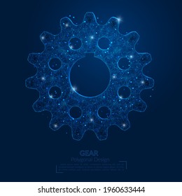 Abstract isolated blue image of a gear. Polygonal illustration looks like stars in the blask night sky in spase or flying glass shards. Digital design for website, web, internet.