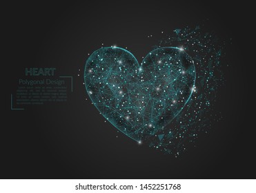 Abstract isolated blue image of a heart. Polygonal illustration looks like stars in the blask night sky in spase or flying glass shards. Digital design for website, web, internet.