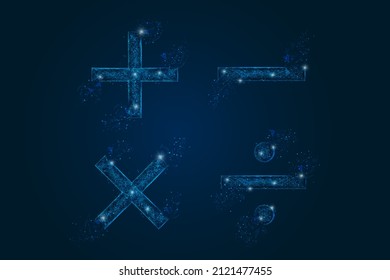 Abstract isolated blue image of a math signs. Polygonal illustration looks like stars in the blask night sky in spase or flying glass shards. Digital design for website, web, internet.
