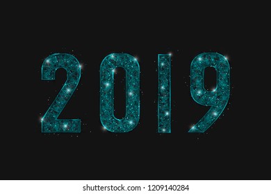 Abstract isolated blue image of  new year number 2019. Polygonal  low poly wireframe illustration looks like stars in the black night sky in space or flying glass shards. Digital web, internet design 