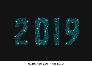 Abstract isolated blue image of  new year number 2019. Polygonal  low poly wireframe illustration looks like stars in the blask night sky in spase or flying glass shards. Digital web, internet design 