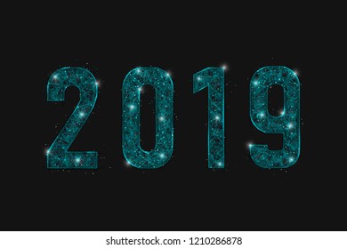 Abstract isolated blue image of  new year number 2019. Polygonal  low poly wireframe illustration looks like stars in the blask night sky in spase or flying glass shards. Digital web, internet design 