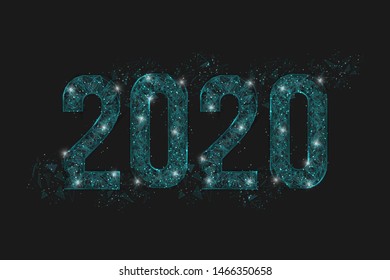 Imagen azul abstracta del año nuevo 2020. La ilustración del modelo de alambre poligonal bajo se parece a las estrellas del cielo nocturno blasfemo en las partes de vidrio espasmóbiles o voladoras. Web digital, diseño de Internet