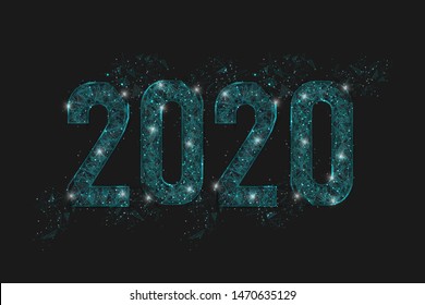 Abstract isolated blue image of  new year number 2020. Polygonal  low poly wireframe illustration looks like stars in the blask night sky in spase or flying glass shards. Digital web, internet design