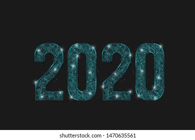 Abstract isolated blue image of  new year number 2020. Polygonal  low poly wireframe illustration looks like stars in the blask night sky in spase or flying glass shards. Digital web, internet design