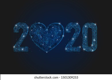 Abstract isolated blue image of  new year number 2020. Polygonal  low poly wireframe illustration looks like stars in the blask night sky in spase or flying glass shards. Digital web, internet design