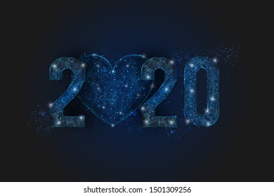 Abstract isolated blue image of  new year number 2020. Polygonal  low poly wireframe illustration looks like stars in the blask night sky in spase or flying glass shards. Digital web, internet design