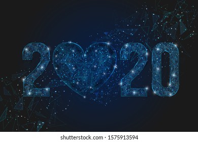 Abstract isolated blue image of  new year number 2020. Polygonal  low poly wireframe illustration looks like stars in the blask night sky in spase or flying glass shards. Digital web, internet design