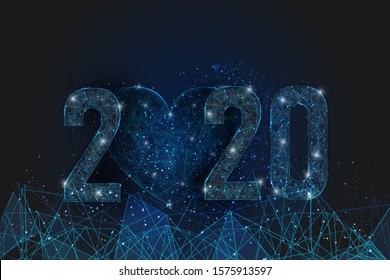 Abstract isolated blue image of  new year number 2020. Polygonal  low poly wireframe illustration looks like stars in the blask night sky in spase or flying glass shards. Digital web, internet design