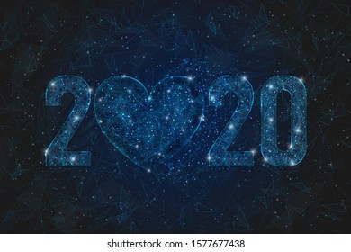 Abstract isolated blue image of  new year number 2020. Polygonal  low poly wireframe illustration looks like stars in the blask night sky in spase or flying glass shards. Digital web, internet design