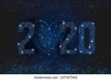 Abstract isolated blue image of  new year number 2020. Polygonal  low poly wireframe illustration looks like stars in the blask night sky in spase or flying glass shards. Digital web, internet design