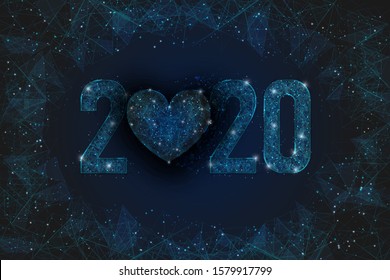 Abstract isolated blue image of  new year number 2020. Polygonal  low poly wireframe illustration looks like stars in the blask night sky in spase or flying glass shards. Digital web, internet design
