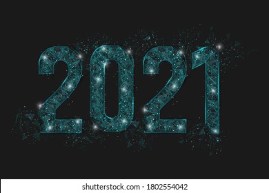 Abstract isolated blue image of  new year number 2021. Polygonal  low poly wireframe illustration looks like stars in the black night sky in space or flying glass shards. Digital web, internet design