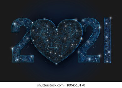 Abstract isolated blue image of  new year number 2021. Polygonal  low poly wireframe illustration looks like stars in the blask night sky in spase or flying glass shards. Digital web, internet design