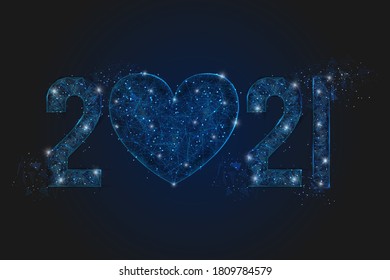 Resumen imagen azul aislada del año nuevo número 2021. La ilustración poligonal de la estructura alambrada baja de pólvora se parece a las estrellas del cielo nocturno blasfemo en los compartimientos de vidrio espasmódico o volador. Web digital, diseño de internet