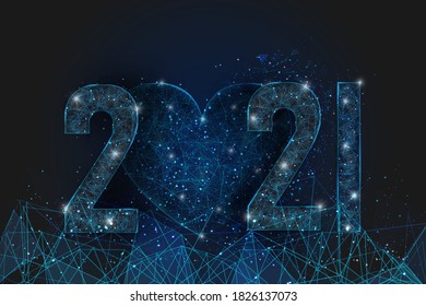 Abstract isolated blue image of  new year number 2021. Polygonal  low poly wireframe illustration looks like stars in the blask night sky in spase or flying glass shards. Digital web, internet design