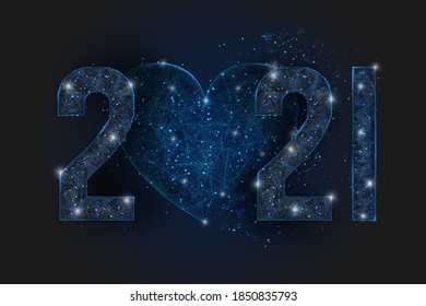 Abstract isolated blue image of  new year number 2021. Polygonal  low poly wireframe illustration looks like stars in the blask night sky in spase or flying glass shards. Digital web, internet design