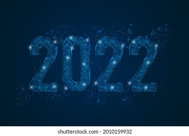 Resumen imagen azul aislada del año nuevo número 2022. La ilustración poligonal de la estructura alambrada baja de pólvora se parece a las estrellas del cielo nocturno blasfemo en los compartimientos de vidrio espasmódico o volador. Web digital, diseño de internet