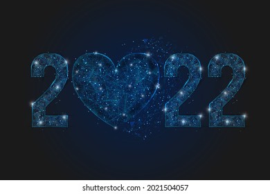 Abstract isolated blue image of new year number 2022 with heart. Polygonal low poly wireframe illustration looks like stars in the blask night sky in spase or flying glass shards