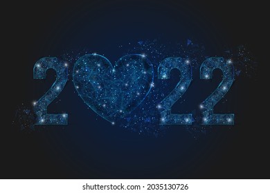 Abstract isolated blue image of new year number 2022 with heart. Polygonal low poly wireframe illustration looks like stars in the blask night sky in spase or flying glass shards