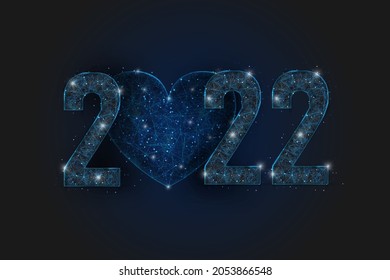 Abstract isolated blue image of new year number 2022 with heart. Polygonal low poly wireframe illustration looks like stars in the blask night sky in spase or flying glass shards