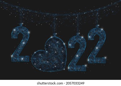 Abstract isolated blue image of new year number 2022. Polygonal low poly wireframe illustration looks like stars in the blask night sky in spase or flying glass shards. Digital web, internet design