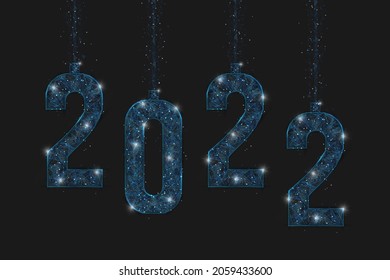 Abstract isolated blue image of new year number 2022. Polygonal low poly wireframe illustration looks like stars in the blask night sky in spase or flying glass shards. Digital web, internet design