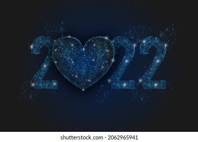 Abstract isolated blue image of new year number 2022 with heart. Polygonal low poly wireframe illustration looks like stars in the blask night sky in spase or flying glass shards