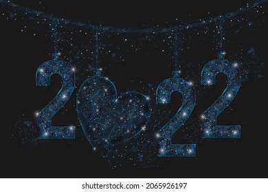 Abstract isolated blue image of new year number 2022. Polygonal low poly wireframe illustration looks like stars in the blask night sky in spase or flying glass shards. Digital web, internet design