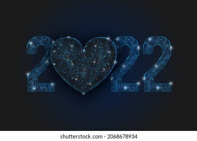 Abstract isolated blue image of new year number 2022 with heart. Polygonal low poly wireframe illustration looks like stars in the blask night sky in spase or flying glass shards