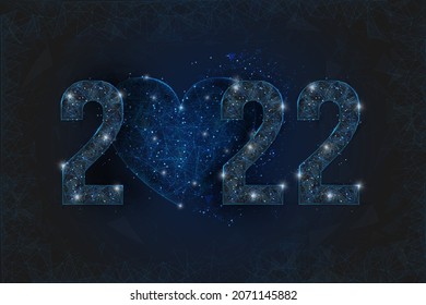 Abstract isolated blue image of new year number 2022 with heart. Polygonal low poly wireframe illustration looks like stars in the blask night sky in spase or flying glass shards