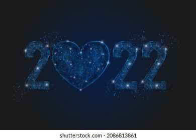 Abstract isolated blue image of new year number 2022 with heart. Polygonal low poly wireframe illustration looks like stars in the blask night sky in spase or flying glass shards