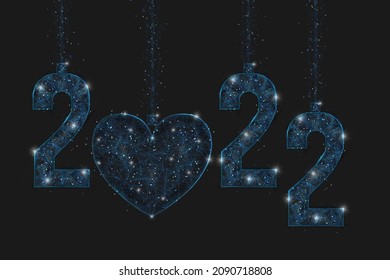 Abstract isolated blue image of new year number 2022. Polygonal low poly wireframe illustration looks like stars in the blask night sky in spase or flying glass shards. Digital web, internet design