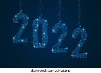 Abstract isolated blue image of new year number 2022. Polygonal low poly wireframe illustration looks like stars in the blask night sky in spase or flying glass shards. Digital web, internet design